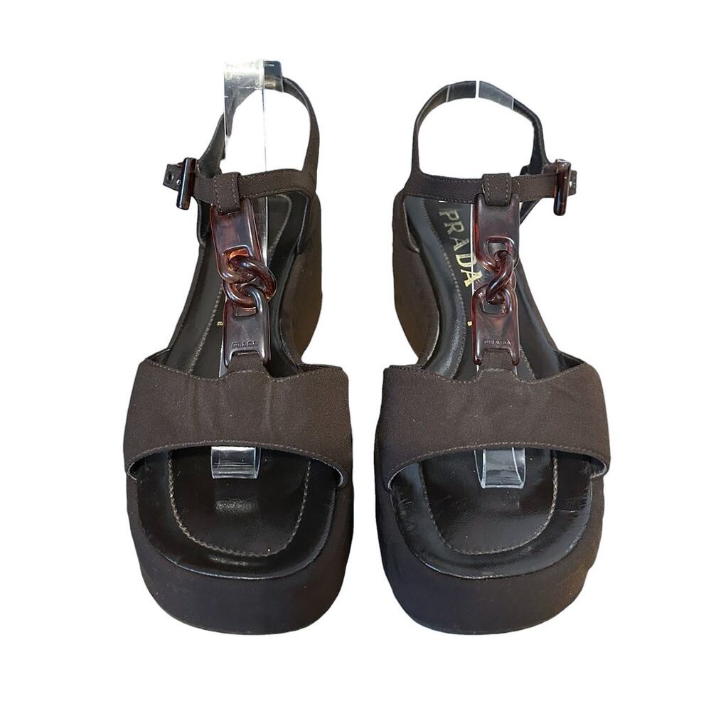 Prada vintage brown platform wedge tortoise chain sandals Y2K 8